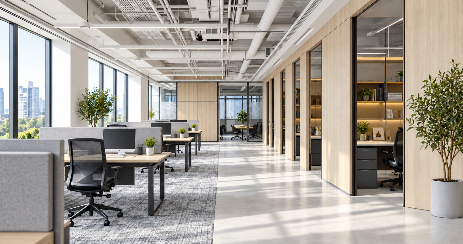 Office corridor with private offices and workstations at SABA Offices